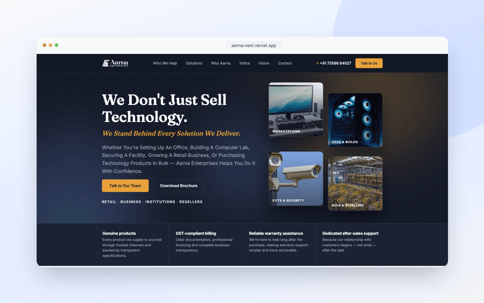 Aarna Enterprises, a technology reseller, showing its product catalogue homepage