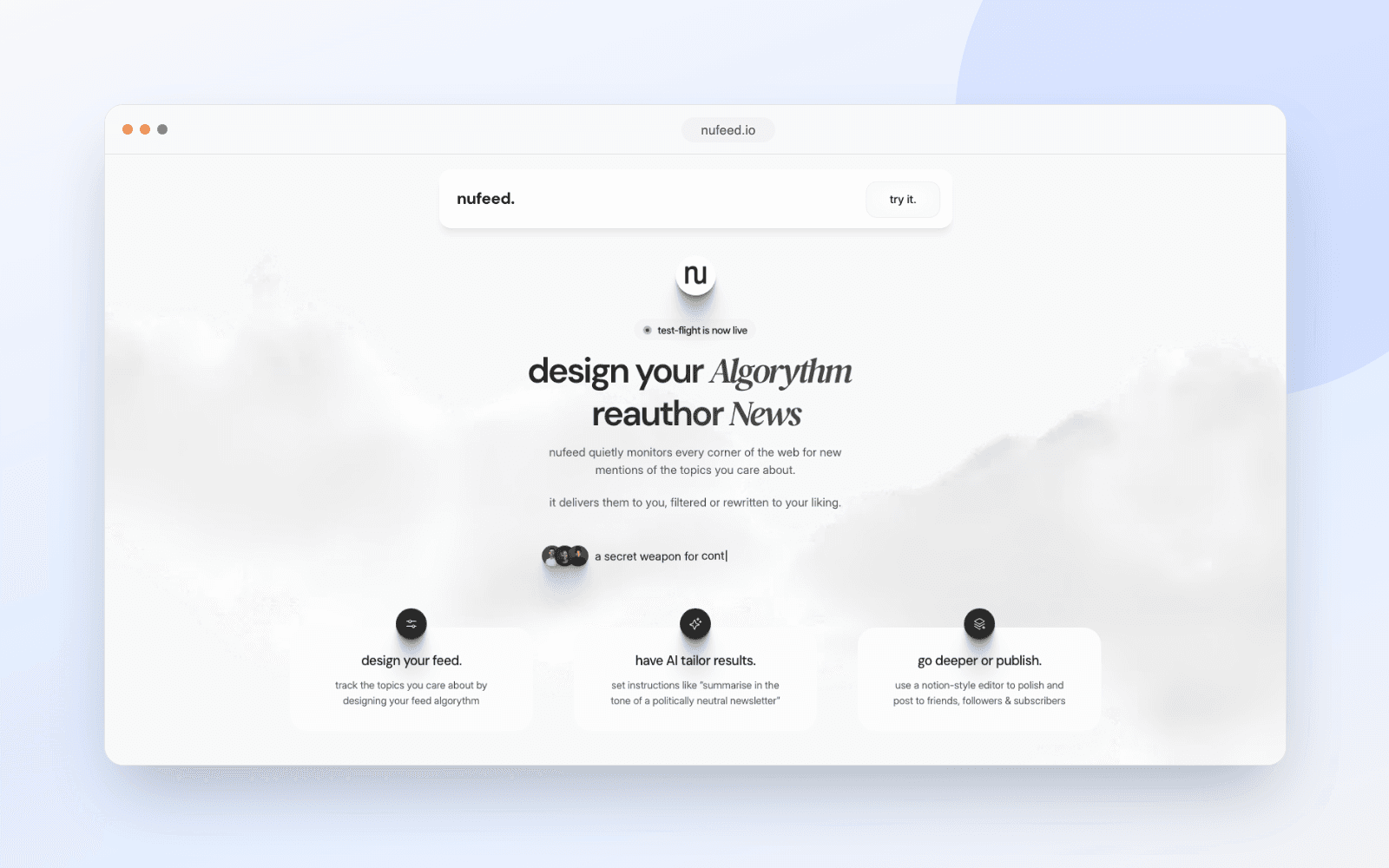 Nufeed, an AI-personalised feed builder, showing its feed-design interface